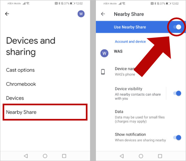 Turning on Nearby Share on Android