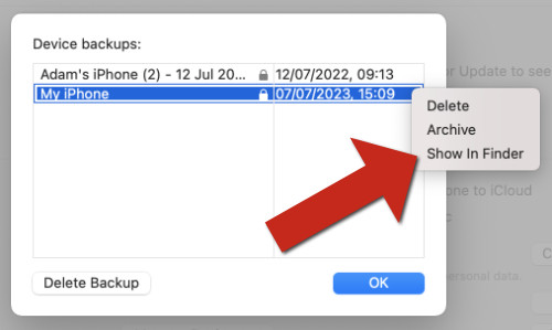 Find iPhone backup location in Finder on Mac