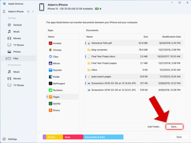 Saving iPhone files to PC with the Apple Devices app