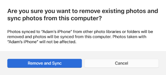 Apple Devices showing warning that photos can be lost during sync