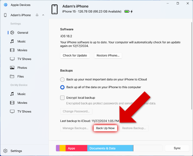 Backing up and iPhone with the Apple Devices app on PC