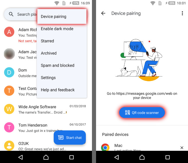 Pairing a device with Google Messages for web