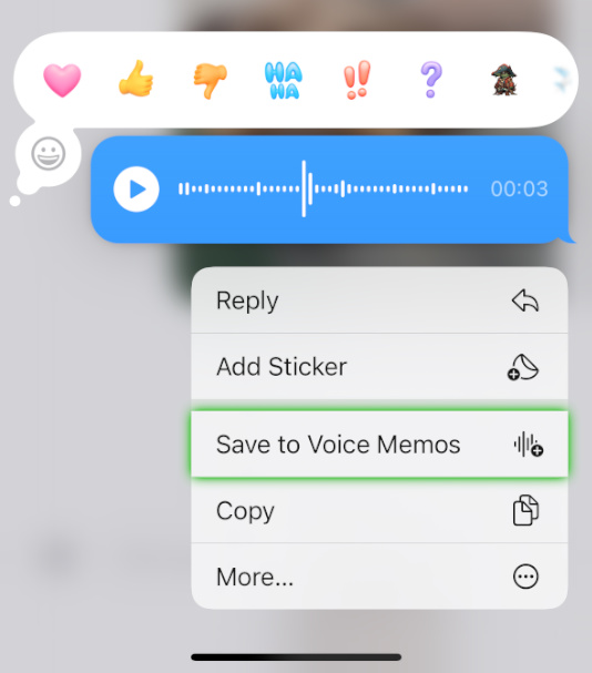 Saving an audio message to the voice memos app