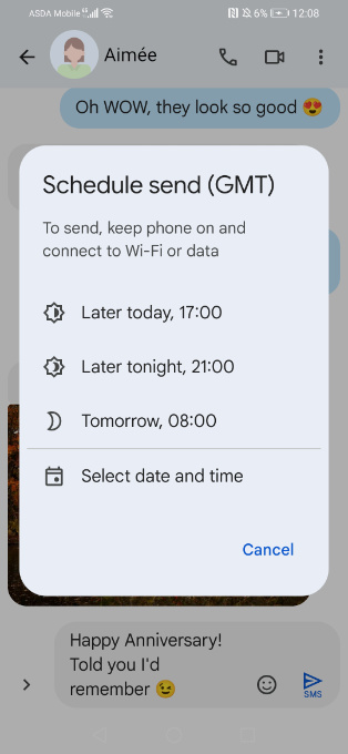 Selecting time and date of scheduled message on Android