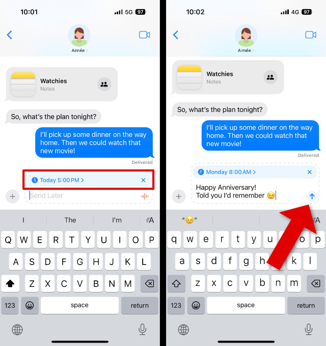 Scheduling a text message on iPhone iOS 18