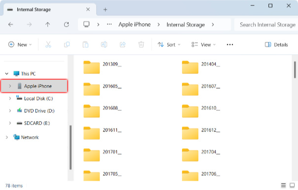 Selecting an iPhone in Windows File Explorer