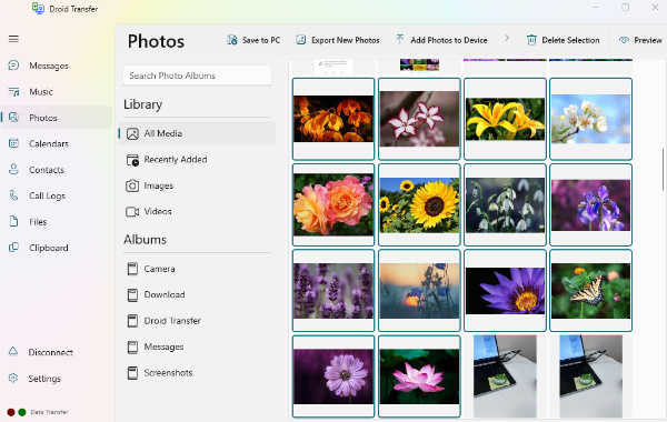 Selecting photos to copy in Droid Transfer