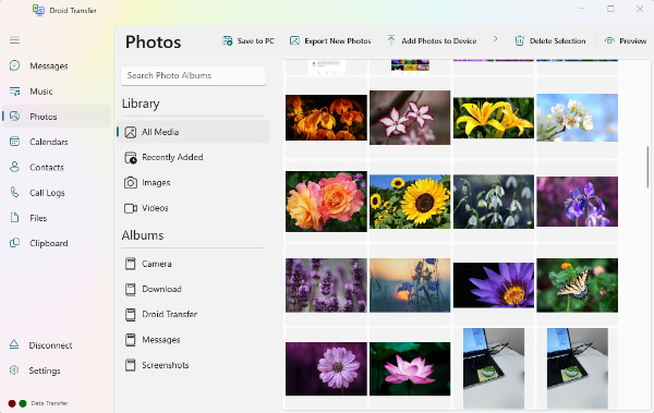 Selecting the Photos feature in Droid Transfer