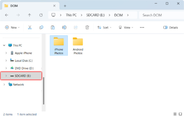 Selecting SD Card in Windows File Explorer