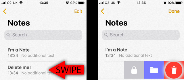 Swipe to delete a note on iPhone