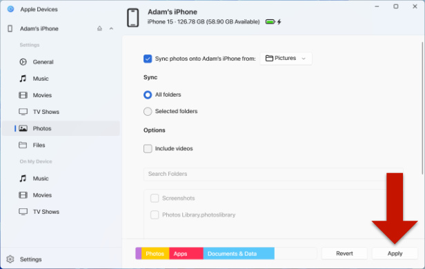 Syncing photos from PC to iPhone with the Apple Devices app