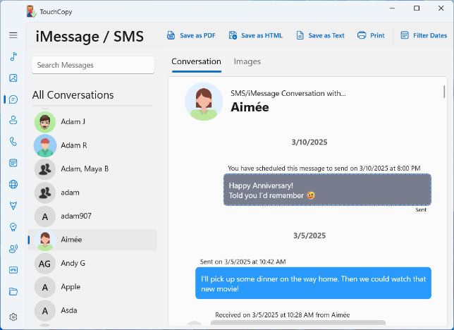 Saving scheduled iPhone messages with TouchCopy