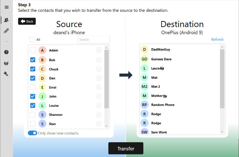 Selecting contacts to transfer from iPhone to Android