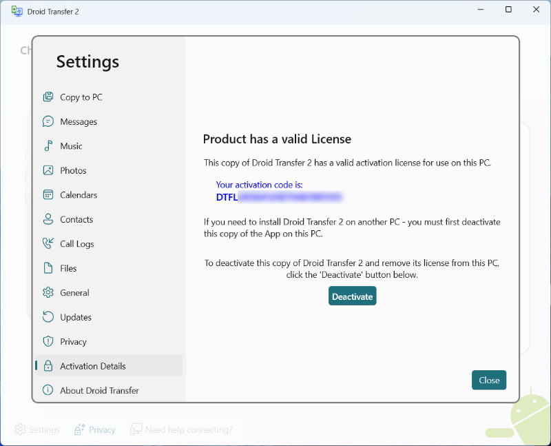 Viewing activation details in Droid Transfer