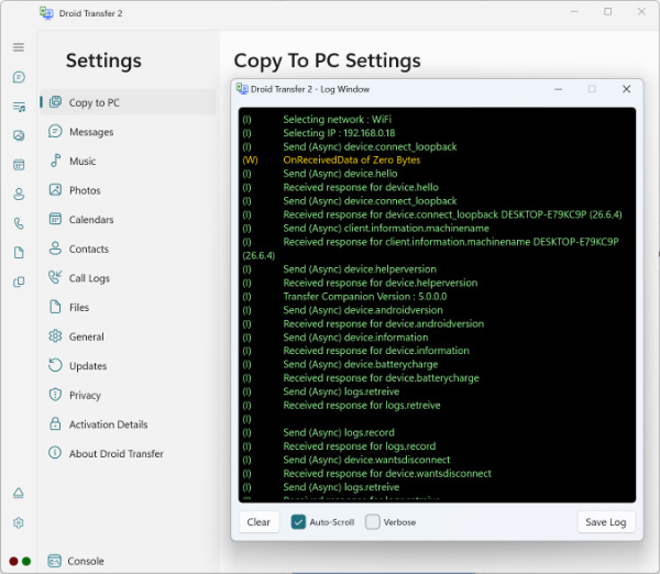 Droid Transfer Console logging
