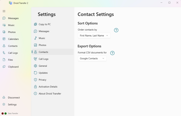 Droid Transfer Contacts options