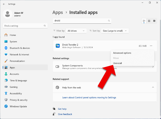 Uninstall Droid Transfer on Windows 10 / 11