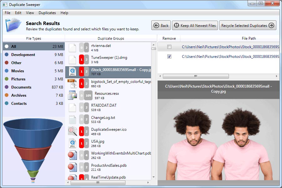 Duplicate Sweeper interface showing duplicates on computer