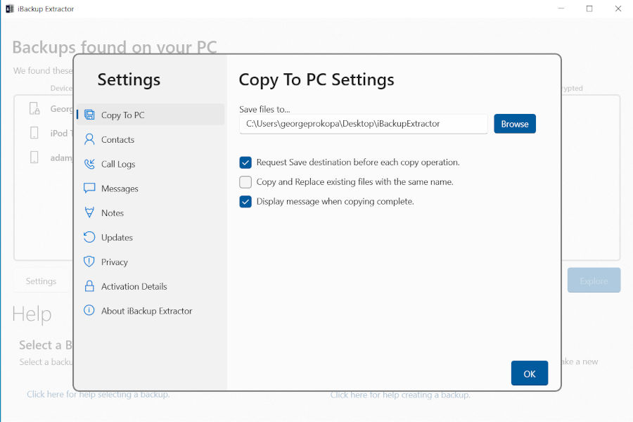 iBackup Extractor copy options on PC