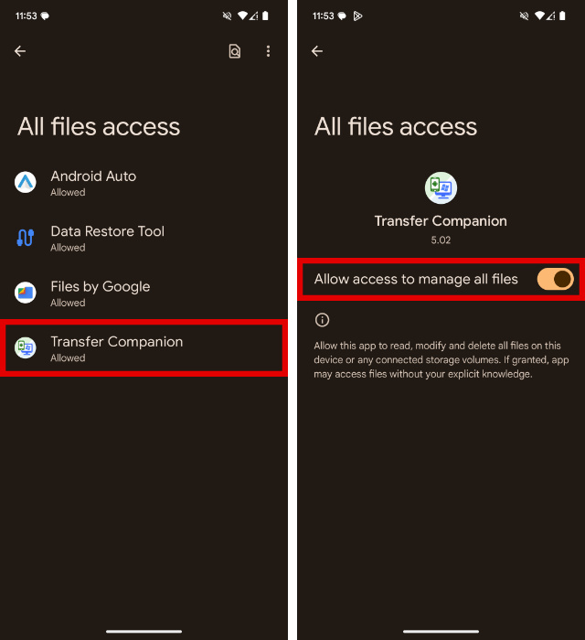 Turning on All Files Access permission on Android