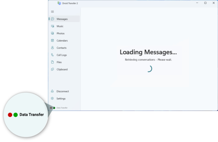 Data transfer indicator lights in Droid Transfer