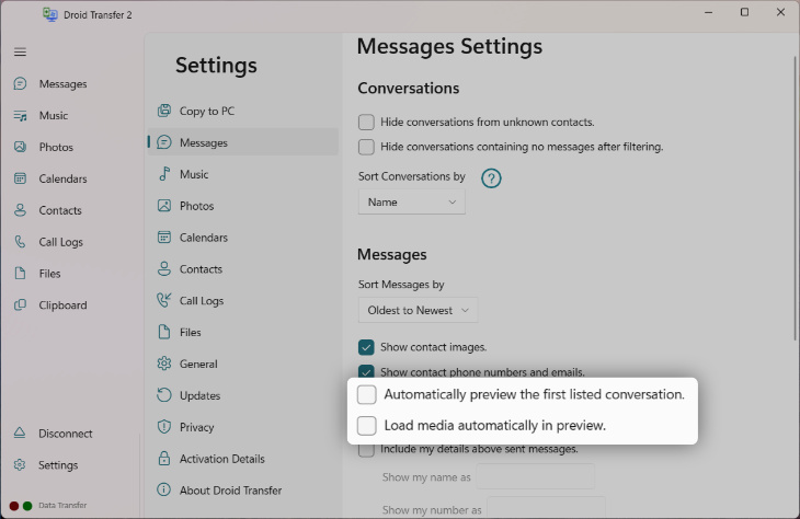 Disabling auto-preview settings in Droid Transfer