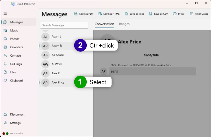 Saving a long conversation that won't load in Droid Transfer