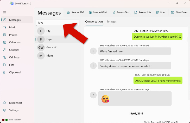 Searching messages in Droid Transfer