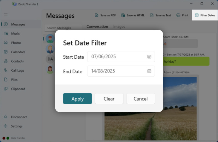 Filtering messages by date in Droid Transfer