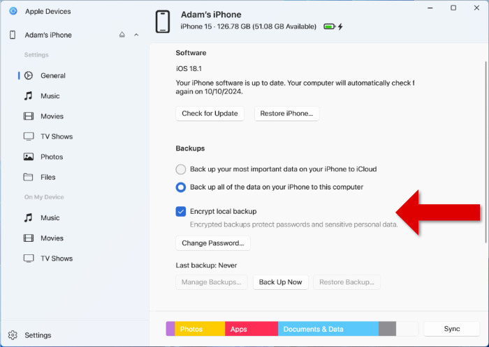 Creating an encrypted iPhone backup in the Apple Devices app