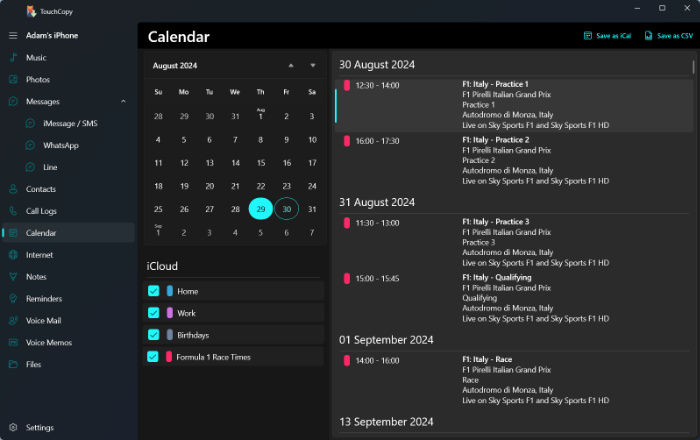 Viewing iPhone calendars in TouchCopy with dark mode