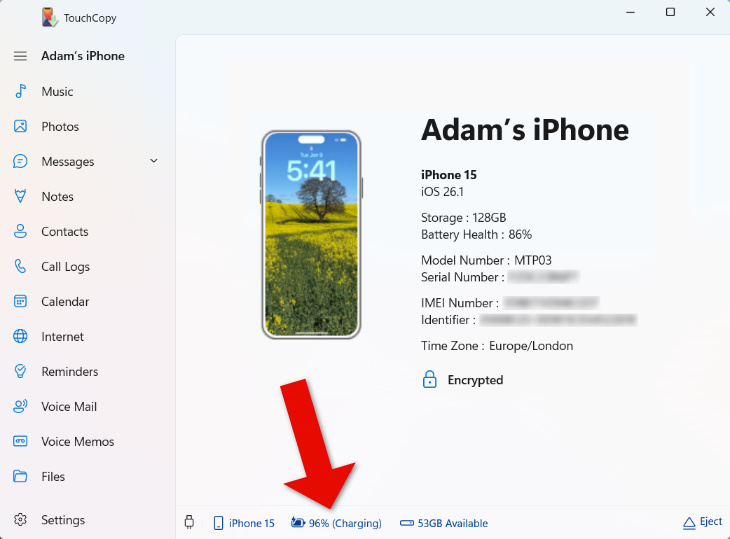 Check battery health on iPhone or iPad with TouchCopy