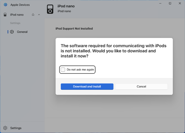 Installing iPod Support via Apple Devices app