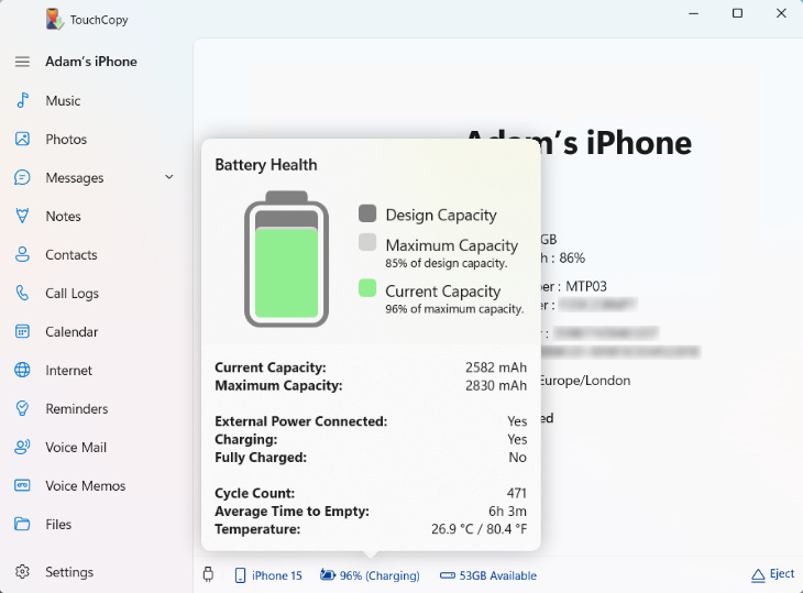 Displaying iPhone or iPad battery details in TouchCopy