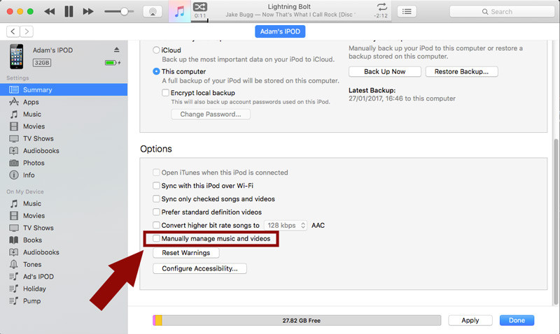 Setting manually manage music in iTunes