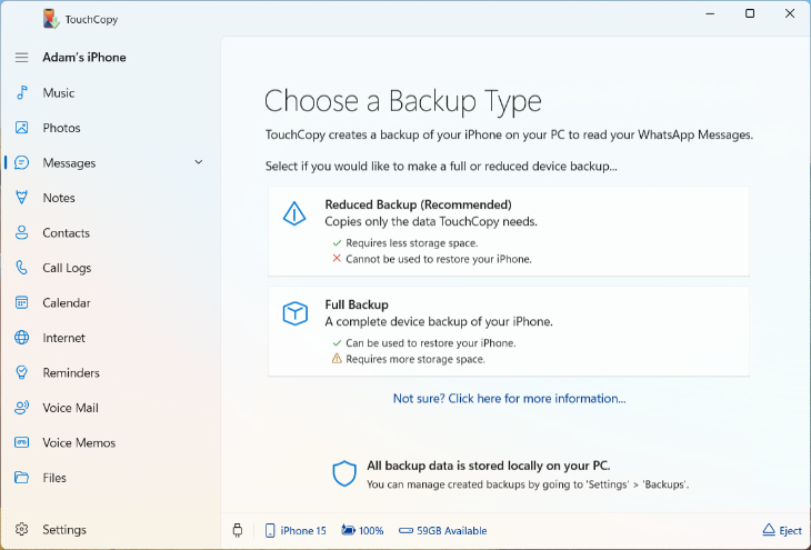 Choosing to create a full or reduced backup in TouchCopy