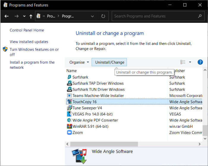 Uninstalling TouchCopy on Windows 7 / 8