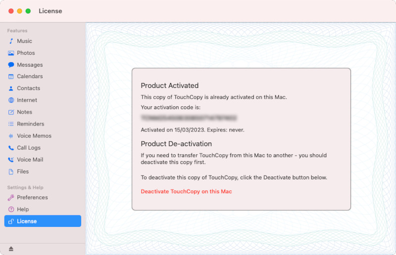 Viewing activation details in TouchCopy for Mac