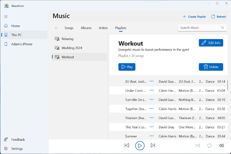 Accessing and playing a newly created playlist in Waveform